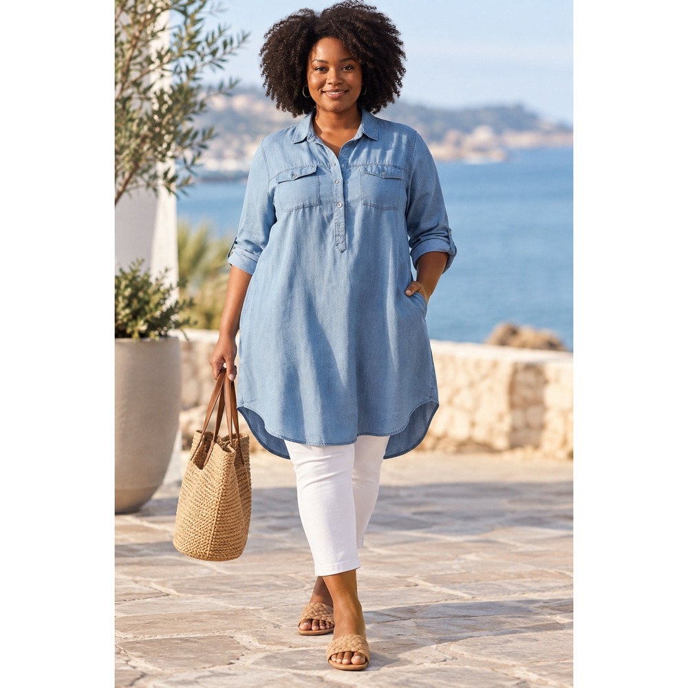 Chelsea & Theodore Shirt Dress Womens Plus 3X Blue Coastal Casual Tencel Tunic